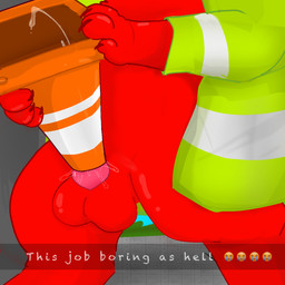 anthro balls candy cum_spurt dessert food genitals gummy_(food) male objectophilia penis red_body solo text traffic_cone nakeilyar wilt_(nakeilyar) food_creature gummy_creature living_candy 1:1 hi_res