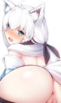 anus blush butt female genitals hair humanoid_genitalia humanoid_pussy looking_at_viewer looking_back looking_back_at_viewer pussy solo white_hair merrytail hololive vtuber shirakami_fubuki animal_humanoid canid canid_humanoid canine canine_humanoid humanoid mammal mammal_humanoid hi_res