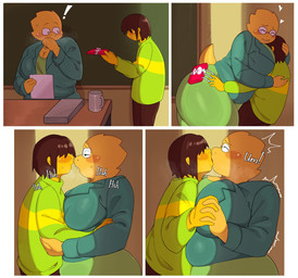 5_fingers anthro belly big_belly big_breasts big_butt blockage_(layout) blush blush_lines bodily_fluids border bottomwear breasts brown_bottomwear brown_clothing brown_hair brown_pants buckteeth butt chalkboard classroom cleavage clothed clothing coffee_mug confession curvy_figure desk dialogue dress duo exclamation_point eyes_closed eyewear face_in_breasts female fingers four_frame_image four_frame_sequence fully_clothed furgonomic_bottomwear furgonomics furniture glasses glistening glistening_body glistening_clothing glistening_hair glistening_skin glistening_tail green_clothing green_dress green_sweater green_topwear hair hand_holding hand_on_butt hand_on_head happy heart_symbol holding_object horizontal_blockage hug huge_breasts huge_butt interspecies kissing male male/female obscured_eyes open_mouth pants paper pseudo_hair romantic_confession school shirt shocked simple_eyes sitting slightly_chubby slightly_chubby_anthro slightly_chubby_female small_tail standing student suit_jacket sweater table tail teacher teacher_and_student teeth text thick_thighs topwear voluptuous white_border wide_hips yellow_body yellow_ears yellow_pseudo_hair thenewpassion deltarune undertale_(series) alphys kris_dreemurr human lizard mammal reptile scalie 2025 colored comic digital_drawing_(artwork) digital_media_(artwork) english_text hi_res multiple_scenes shaded