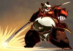 anthro black_body black_fur clothed clothing fur kemono male overweight overweight_anthro overweight_male red_body red_fur solo weapon white_body white_fur chiro_(artist) fanfan bear giant_panda mammal 2014