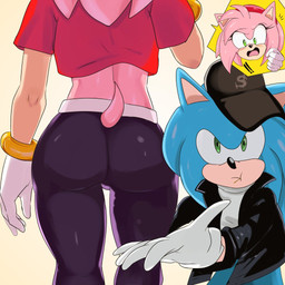anthro baseball_cap blush bottomwear butt clothed clothing duo female gloves green_eyes hair handwear hat headgear headwear jacket looking_at_viewer male male/female open_clothing open_jacket open_mouth open_topwear pants pink_body rear_view shirt simple_background standing tail topwear soranygyart sega sonic_the_hedgehog_(series) amy_rose sonic_the_hedgehog eulipotyphlan hedgehog mammal digital_media_(artwork)