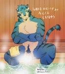 anthro balls barely_visible_genitalia bath bathhouse blue_body blue_fur convenient_censorship fur genitals humanoid_genitalia humanoid_penis male muscular muscular_male penis sitting smile solo text hitasura_limbo chardonnay_romancia kinos_tigre felid mammal pantherine tiger hi_res japanese_text