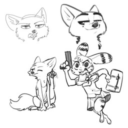 ambiguous_gender anthro arm_tuft bag barefoot biped bodily_fluids bottomwear bread buckteeth cheek_tuft clothed clothing ear_markings eat_and_run elbow_tuft facial_markings facial_tuft feet food fur fur_markings gun half-closed_eyes handgun head_markings head_tuft holding_gun holding_handgun holding_object holding_pistol holding_ranged_weapon holding_weapon humor kerchief looking_at_viewer markings motion_lines narrowed_eyes neck_tuft neckerchief neckwear one_eye_closed open_mouth pawpads pistol ranged_weapon running school_uniform scratching shirt shorts simple_background sitting skirt smile solo sweat sweatdrop tank_top teeth toast topwear tuft uniform weapon white_background fuel_(artist) disney zootopia jack_savage nick_wilde skye_(zootopia) canid canine fox lagomorph leporid mammal rabbit red_fox true_fox 1:1 2019 greyscale hi_res meme monochrome sketch_page