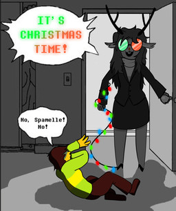 ambiguous_gender ambiguous_human anthro antlers black_hair bottomwear buckteeth business_suit christmas_decorations christmas_lights clothing deer_ears dialogue duo female fusion hair heterochromatic_glasses hooves horn pencil_skirt red_nose skirt suit sweater teeth text topwear turtleneck third-party_edit unknown_artist deltarune undertale_(series) fan_character kris_dreemurr noelle_holiday spamelle spamton_g._spamton deer human mammal new_world_deer reindeer digital_media_(artwork) english_text hi_res meme