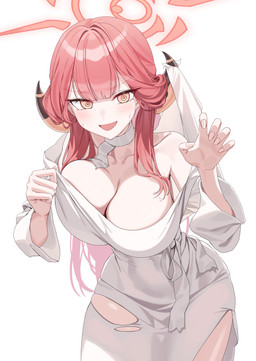 arms_bent bare_shoulders big_breasts blush bodily_fluids breast_squish breasts cleavage clothed clothing clothing_pull collarbone dress embarrassed female female_humanoid glistening glistening_hair hair hair_between_eyes halo horn leaning leaning_forward long_hair not_furry open_mouth orange_eyes paw_pose pose red_hair ribbon_on_neck shirt shirt_pull simple_background solo spiral spiral_eyes squish sweat topwear topwear_pull torn_clothing torn_dress white_background white_clothing white_dress evande blue_archive nexon aru_rikuhachima demon demon_humanoid horned_humanoid humanoid absurd_res hi_res
