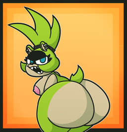 anthro big_butt blue_eyes butt female green_body looking_at_viewer looking_back looking_back_at_viewer sharp_teeth smile solo teeth tunemon idw_publishing sega sonic_the_hedgehog_(comics) sonic_the_hedgehog_(idw) sonic_the_hedgehog_(series) surge_the_tenrec afrosoricid mammal tenrec hi_res