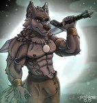 abs anthro armor biceps bulge clothed clothing collar fur green_eyes jewelry male medieval medieval_clothing melee_weapon multicolored_body multicolored_fur muscular muscular_anthro muscular_male neck_tuft nipples pecs simple_background solo solo_in_panel sword sword_on_back tail tuft two_tone_body two_tone_fur weapon dogboy55_artss far_beyond_the_world_(series) ranok_(far_beyond_the_world) canid canine canis mammal wolf absurd_res digital_drawing_(artwork) digital_media_(artwork) hi_res shaded