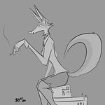 anthro bottomwear box cigarette clothed clothing collar container female fully_clothed gloves grey_background handwear office_lady shirt simple_background sitting sitting_on_crate skirt smoking smoking_cigarette solo topwear brewfilter 15_(brewfilter) canid canine fox grey_fox mammal urocyon 1:1 2024 absurd_res digital_drawing_(artwork) digital_media_(artwork) hi_res monochrome sketch