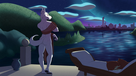 anthro balcony bodily_fluids butt chaise_lounge cloud crying evergreen_tree fur hill light looking_away male moonlight nature night nude nude_anthro nude_male pillow pine_tree planet plant red_eyes rock skyline solo star tail tears tree vase white_body white_fur vesper_thee_bat adastra adastra_(series) echo_project cassius_(adastra) canid canine canis mammal wolf 16:9 2025 4k absurd_res hi_res signature widescreen