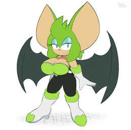 anthro big_breasts blue_eyes bodysuit boots breasts clothing cosplay eyeshadow female footwear gloves green_body handwear high_heels lipstick makeup narrowed_eyes shoes skinsuit solo tan_body tight_clothing bingbingo sega sonic_the_hedgehog_(series) fan_character rouge_the_bat bat mammal hi_res signature watermark