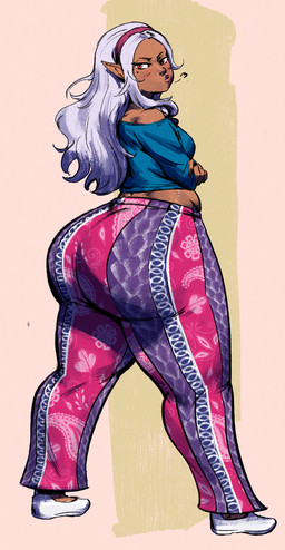 accessory belly big_butt biped blush bottom_heavy bottomwear breasts butt butt_focus butt_pose clothed clothing dark_body dark_skin female flare_pants footwear grey_hair hair hair_accessory hairband huge_butt humanoid_pointy_ears lips long_hair looking_at_viewer looking_back looking_back_at_viewer mole_under_eye narrowed_eyes not_furry pants pear-shaped_figure pointy_ears pose pouting rear_view red_eyes shirt shoes simple_background slightly_chubby slightly_chubby_female slightly_chubby_humanoid small_breasts solo standing tan_background thick_thighs tight_bottomwear tight_clothing tight_pants topwear white_hair wide_hips redfred forbidden_pants plus-sized_elf kuroeda_(plus-sized_elf) dark_elf elf humanoid mammal near-human 2025 digital_media_(artwork) digital_painting_(artwork) full-length_portrait hi_res painting_(artwork) portrait