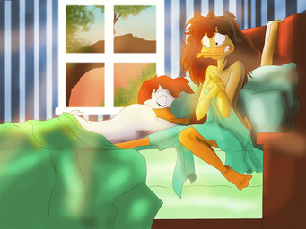 after_sex anthro beak bed bed_sheet bedding bedroom breasts brown_hair canon_x_oc covering covering_breasts covering_self duo eyewear feathers female furniture goggles hair long_hair male male/female morning morning_after nude orange_beak panicking pillow plant questionable_consent red_hair sky sleeping surprised teeth toothed_beak tree white_body white_feathers window yellow_body yellow_feathers deathbymarshmallows disney ducktales beth_(zebeckras) fan_character launchpad_mcquack anatid anseriform avian bird duck 2011 4:3