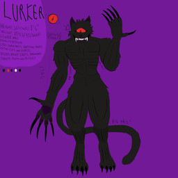 1_eye anthro bared_teeth black_body black_claws black_fur cat_tail claws fur male pawpads pupils purple_background purple_inner_ear purple_pawpads purple_snout red_sclera simple_background slim slit_pupils solo standing teeth text abyssal_lurker domestic_cat felid feline felis mammal 1:1 digital_media_(artwork) english_text hi_res ibispaint_(artwork) model_sheet
