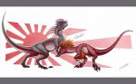 ambiguous_gender dialogue duo feral japan rising_sun rising_sun_flag simple_background tail text oliverfox dilophosaurid dilophosaurus dinosaur dromaeosaurid prehistoric_species reptile scalie theropod velociraptor 16:10 english_text hi_res letterbox widescreen