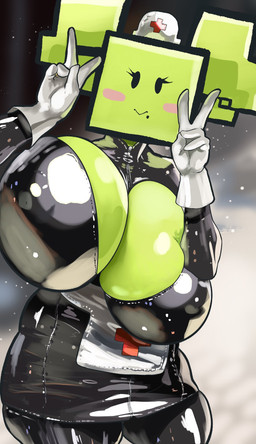 5_fingers :> big_breasts black_clothing black_eyes black_latex blush blush_stickers breasts cleavage clothed clothed_female clothed_humanoid clothing double_v_sign eyelashes female female_humanoid fingers gesture gloves green_body green_breasts green_hair green_skin hair hand_gesture handwear hat headgear headwear huge_breasts latex latex_clothing looking_at_viewer mole_under_mouth not_furry nurse nurse_clothing nurse_hat nurse_headwear pigtails pink_blush red_cross solo square_(anatomy) square_head v_sign white_clothing white_gloves white_handwear zipper noblood mario_bros nintendo paper_mario mimi_(paper_mario) humanoid 2023 detailed digital_media_(artwork) hi_res
