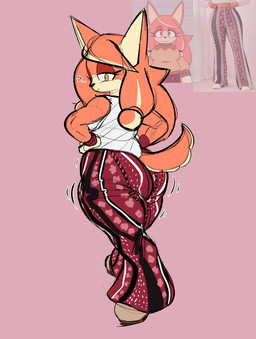anthro big_butt black_nose bottomwear butt clothed clothing eyelashes female fur hand_on_hip looking_at_viewer looking_back looking_back_at_viewer orange_eyes pants pattern_bottomwear pattern_clothing pattern_pants pink_body pink_bottomwear pink_clothing pink_fur pink_pants purple_background rear_view simple_background solo tan_body tan_fur thick_thighs topwear white_clothing white_topwear wide_hips unfunnybill forbidden_pants sega sonic_the_hedgehog_(series) the_murder_of_sonic_the_hedgehog conductor's_wife_(sonic) akita canid canine canis domestic_dog mammal spitz hi_res