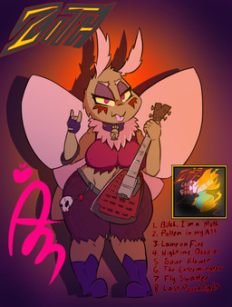 antennae_(anatomy) anthro bass_guitar big_breasts bone breasts chest_tuft clothing collar eyebrows female gloves guitar handwear lamp markings musical_instrument non-mammal_breasts pink_eyes plucked_string_instrument skull solo string_instrument text thick_eyebrows thick_thighs tongue tuft wide_hips yellow_eyes iguanasarecool arthropod insect lepidopteran moth signature
