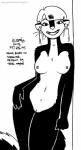 anthro breasts ear_piercing ear_ring female fur genitals hair navel nipples nude piercing pose pussy ring_piercing smile solo text whiskers tegerio third-party_edit zandar's_saga kelly_o'dor mammal mephitid skunk striped_skunk 2018 english_text monochrome nude_edit pinup