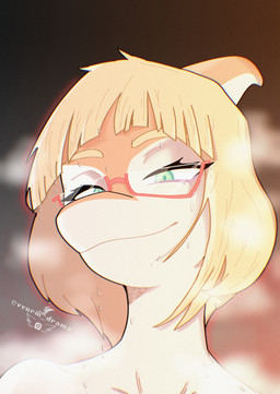 anthro biped blonde_hair bodily_fluids bone_frill eyewear female frill_(anatomy) front_view glasses green_eyes hair half-closed_eyes logo looking_at_viewer low-angle_view medium_hair narrowed_eyes orange_body seductive smile smirk solo steam sweat sweatdrop sweaty_body text white_body vvurm_drama goodbye_volcano_high ko_op_(game_developer) naomi_(gvh) dinosaur hadrosaurid ornithischian ornithopod parasaurolophus prehistoric_species reptile scalie absurd_res artist_logo artist_name bust_portrait colored hi_res huge_filesize portrait shaded