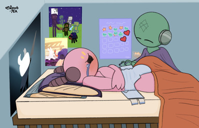 ambiguous_gender antennae_(anatomy) bed bedding big_diaper blanket blue_diaper blush blush_lines blushing_profusely bodily_fluids clean_diaper clothed clothing crossed_arms crying diaper diaper_change diaper_only duo embarrassed eyes_closed furniture green_body green_markings heart_symbol lying markings mouthless narrowed_eyes on_back on_bed on_pillow orange_blanket pillow pink_body potty_chart simple_eyes tears toony topless wearing_diaper yellow_markings mao06 hollow_knight_(franchise) microsoft minecraft mojang rain_world team_cherry videocult xbox_game_studios five_pebbles_(rain_world) no_significant_harassment_(rain_world) steve_(minecraft) the_knight_(hollow_knight) cave_spider creeper_(minecraft) enderman humanoid skeleton_(minecraft) slime_(minecraft) spider_(minecraft) zombie_(minecraft) 14:9 signature