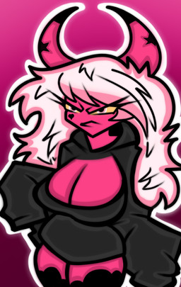 big_breasts breasts clothing female hoodie solo topwear stinkfingerz hellaverse helluva_boss verosika_mayday demon hi_res