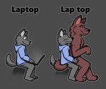 anthro blue_clothing blue_hoodie blue_topwear blush blush_lines bottomless brown_body brown_fur clothed clothing computer duo electronics fur glistening glistening_eyes glistening_nose grey_background grey_body grey_fur grey_tail hair holding_leg holding_thigh hoodie hoodie_only laptop looking_at_another looking_at_partner male male/male mouth_closed muscular on_lap paws simple_background sitting sitting_on_another sitting_on_lap size_difference smile surprise tail tail_around_partner text topwear topwear_only tuft working luhrak canid canine canis mammal wolf 6:5 absurd_res digital_media_(artwork) hi_res meme shaded simple_shading