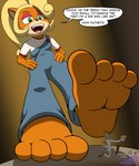 barefoot blonde_hair extreme_size_difference feet female foot_focus hair humanoid_feet macro male plantigrade size_difference soles text toes sorcererlance activision crash_bandicoot_(series) coco_bandicoot lab_assistant bandicoot human mammal marsupial absurd_res english_text hi_res