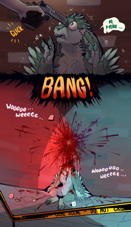 3_fingers 5_fingers ambiguous_gender anthro begging blood bodily_fluids brick click crime crime_scene death dialogue duo evidence eyebrows feathers fingers fur gore green_body green_eyebrows green_feathers green_fur green_text gun gun_to_head gunshot handgun hands_up male offscreen_character onomatopoeia orange_text pistol pistol_out ranged_weapon scared sound_effects speech_bubble sweat text weapon white_body white_fur white_text wide_eyed winged_arms wings yellow_text porcumoose_artistries levi_(fatcat4t4) avali absurd_res comic english_text hi_res