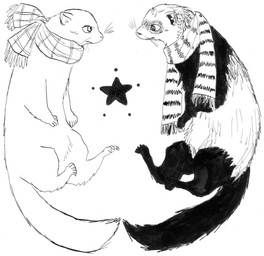 ambiguous_gender clothing duo feral fur scarf simple_background star tail whiskers white_background kyokyota domestic_ferret mammal mustelid musteline true_musteline weasel 2015 black_and_white hi_res monochrome