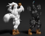 abs anthro arm_tuft back_muscles balls biceps black_body black_nipples black_penis black_scales blue_eyes blue_glow bodily_fluids boots boots_only butt chest_tuft clothing duo elbow_tuft flexing flexing_bicep flexing_both_biceps fluffy fluffy_tail footwear footwear_only fur genital_fluids genitals gloves glowing grey_background grin handwear head_tuft hip_tuft knot leather long_fur looking_at_viewer male mostly_nude muscular nipples nude pecs penis pose precum red_eyes ring scales shoes shoes_only simple_background smile tail text tuft white_body white_fur tjloog nintendo pokemon hai_(tjloog) yukio_(tjloog) generation_5_pokemon humanoid legendary_pokemon pokemon_(species) reshiram zekrom 5:4 hi_res