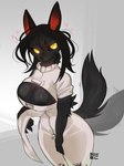 anthro big_breasts black_body black_fur black_hair black_tail breasts clothed clothing ears_up female fur hair heart_symbol looking_at_viewer standing tail tail_motion tailwag yellow_eyes swiwwel mir_(swiwwel) canid canine mammal 2024 absurd_res digital_drawing_(artwork) digital_media_(artwork) hi_res