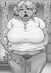 anthro belly belly_pinch big_belly big_breasts breasts dialogue elderly elderly_female female kemono locker_room looking_at_viewer mature_female motion_lines nipple_outline overweight overweight_anthro overweight_female sagging_breasts solo sound_effects text thick_thighs skinaflint canid mammal comic greyscale hi_res japanese_text monochrome translated