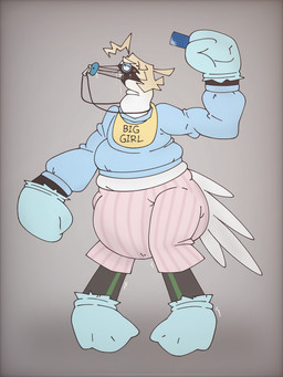 ageplay anthro bib big_diaper black_body black_feathers black_legs blue_clothing blue_sweater blue_topwear blush bodily_fluids booties bottomwear chew_stixx chew_toy clean_diaper clothed clothing diaper diaper_bulge diaper_under_clothing drooling feathers female fully_clothed infantilism mitts object_in_mouth pacifier pacifier_in_mouth pants pink_bottomwear pink_clothing pink_pants pink_shorts regression roleplay saliva shorts slightly_chubby smile solo standing sweater text topwear wearing_diaper white_body white_feathers yellow_body yellow_feather_hair yellow_feathers lazatthebass lazaret_(lazatthebass) avian bird gannet northern_gannet sulid suliform 3:4 english_text hi_res