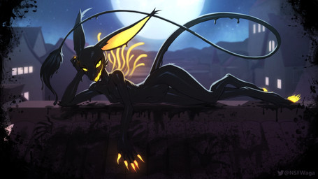 anthro arm_support backlighting bedroom_eyes black_body black_goo black_tail_tuft black_tuft blue_sky breasts building claws digitigrade dripping ear_tuft feet female female_anthro finger_claws fingerless_(marking) front_view full_moon genitals glowing glowing_eyes glowing_mouth ink jagged_mouth leaning_on_elbow light long_claws long_ears long_tail looking_at_viewer lying moon moonlight narrowed_eyes night no_irises nude nude_anthro nude_female on_side open_mouth open_smile outdoor_nudity outside pose pupils seductive sky slim slim_anthro slim_female slit_pupils small_breasts smile smiling_at_viewer solo tail tail_tuft thigh_gap three-quarter_view toe_claws toeless_(marking) toes tuft vulva wide_hipped_anthro wide_hipped_female wide_hips yellow_claws yellow_eyes yellow_fingers yellow_inner_ear yellow_mouth yellow_sclera yellow_toes w4g4 demon elemental_creature goo_creature 16:9 2025 english_description full-length_portrait hi_res lighting pinup portrait widescreen