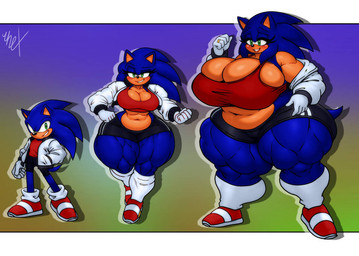anthro big_breasts black_bottomwear black_clothing black_shorts blue_body body_size_growth bottomwear bra breast_expansion breast_growth breasts calf_muscles clothing crossgender expansion eyelashes female gender_transformation green_eyes growth huge_breasts male male/female mtf_crossgender mtf_transformation muscular muscular_female muscular_thighs red_clothing red_shirt red_topwear shirt shorts size_transformation solo sports_bra thick_thighs toned_legs topwear transformation underwear unrealexpectation sega sonic_the_hedgehog_(series) sonic_the_hedgehog eulipotyphlan hedgehog mammal