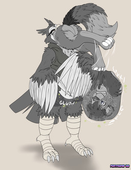 abdominal_bulge anthro anthro_pred anthro_prey beak belly big_belly biped bodily_fluids bodily_noises breasts brown_eyes bubble butt claws clenched_teeth clothed clothing cutaway different_sound_effects digestion digitigrade drooling duo eyebrows eyelashes feather_hands feathered_wings feathers feet female female_pred forced front_view gluck glut grey_background head_first inside internal male male/female male_prey non-mammal_breasts onomatopoeia open_beak open_mouth oral_vore organs partially_inside rumbling_stomach saliva same_size_vore scutes shortened_sound_effect simple_background soft_vore sound_effect_variant sound_effects standing stomach swallowing swallowing_sound_effect tail tail_feathers talons teeth text toe_claws toes vore vowelless vowelless_sound_effect wings foxynoms ginny_(katojana) avian bird felid mammal owl pantherine 2022 absurd_res dated digital_media_(artwork) greyscale hi_res monochrome signature spot_color