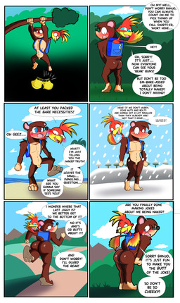 anthro anthrofied backpack backpack_only blush bubble_butt butt embarrassed embarrassing_nudity female genitals genitals_shrinking humiliation humor male micropenis nude outside penis penis_humiliation pun small_penis small_penis_humiliation speech_bubble text birbpan banjo-kazooie rareware banjo_(banjo-kazooie) kazooie avian bear mammal absurd_res comic english_text hi_res