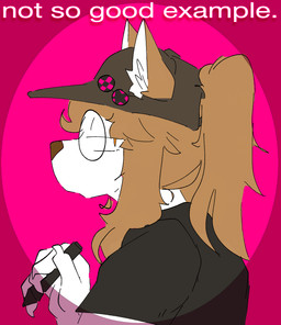 accessory anthro brown_hair clothing eyewear female glasses hair hat headgear headwear looking_at_viewer orange_eyes pen pin_accessory solo text catjamn karina_(catjamn) canid canine mammal 2025 bust_portrait portrait sketch trans_(lore) trans_woman_(lore)