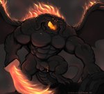 2_horns 3_toes 4_fingers abs absurd_res anthro balls balrog_(the_lord_of_the_rings) biceps black_body black_nipples black_skin bodily_fluids chest_scar demon dudebulge energy_sword feet fingers fire fire_sword genital_fluids genitals glowing glowing_mouth hi_res holding_melee_weapon holding_object holding_sword holding_weapon horn j._r._r._tolkien long_tail male melee_weapon middle-earth_(tolkien) muscular muscular_anthro muscular_male nipples non-mammal_balls non-mammal_nipples nude open_mouth orange_eyes penis precum scar solo sword tail the_lord_of_the_rings toes weapon wings