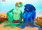 anthro blonde_hair blue_body bottomwear clothed clothing detailed_background duo eye_contact feet front_view green_body hair loincloth long_tail looking_at_another male nude outside sitting snake_hood tail thick_tail topless topless_male weso sahara_(movie) ajar_(sahara) gary_(sahara) reptile scalie snake absurd_res hi_res