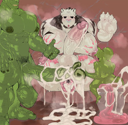 abs anthro anus balls biceps bodily_fluids body_hair breastfeeding calf_muscles chest_hair cum cum_everywhere cum_leaking_from_ass cum_leaking_out ejaculation erection facial_piercing feet forearm_muscles fur gaping gaping_anus genital_fluids genitals glans green_body green_skin group hairy hairy_balls leaking_cum long_nipples long_penis male male/male male_breastfeeding markings messy muscular muscular_anthro muscular_male musk nipples nose_piercing nose_ring nude pecs penis piercing pubes restrained ring_piercing saggy_balls septum_piercing septum_ring size_difference soles sperm_tattoo stray_pubes striped_body striped_fur stripes toes trio vein veiny_arms veiny_balls veiny_muscles veiny_penis white_body white_fur kd_gai felid goblin mammal orc pantherine tiger hi_res