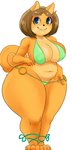 anthro belly big_breasts bikini blue_eyes breasts brown_hair buckteeth cleavage clothed clothing curvy_figure deep_navel female fur hair huge_hips huge_thighs mature_anthro mature_female navel nipple_outline orange_body orange_fur simple_background skimpy slightly_chubby slightly_chubby_female smile solo standing swimwear teasing teeth thick_thighs three-quarter_view two-piece_swimsuit voluptuous white_background wide_hips lyn_nyl june_(jinu) canid canine canis domestic_dog mammal shiba_inu spitz hi_res