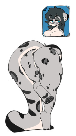 anthro anus bent_leg bent_over black_anus black_vulva bored butt female genitals nude poster simple_background solo spots stripes tail through_wall vulva neceet illisia felid mammal pantherine snow_leopard absurd_res digital_media_(artwork) hi_res