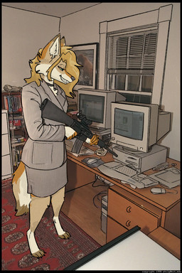 anthro barefoot biped bottomwear clothing computer computer_keyboard computer_mouse electronics feet female green_eyes gun holding_gun holding_object holding_ranged_weapon holding_weapon jacket looking_down phone ranged_weapon skirt smile solo topwear weapon vanillayote canid canine canis coyote mammal 2:3 draw_over hi_res