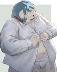 2024 absurd_res anthro belly blue_hair blush canid canine canis cellphone clothing domestic_dog electronics hair hi_res humanoid_hands kemono male mammal navel overweight overweight_male phone shirt smartphone solo sv_grart topwear underwear