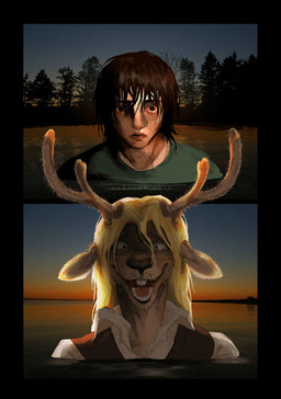 anthro antlers biped blonde_hair brown_body brown_eyes brown_fur brown_hair buckteeth crazy_eyes duo female fur hair horn lake looking_at_another looking_at_viewer male outside partially_submerged plant scared scared_eyes snowgrave tan_body tan_fur teeth tree wet_hair wide_eyed nyketuhchain deltarune undertale_(series) kris_dreemurr noelle_holiday deer human mammal new_world_deer reindeer 2026 absurd_res digital_media_(artwork) hi_res nonbinary_(lore)
