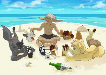 anthro beach bottle bottomwear claws clothing container feet grey_hair group hair heterochromia laugh male male/male pawpads paws sand shorts smile tail tickle_fetish tickle_torture tickling tickling_ears tickling_feet tickling_machine wings wailoondrakon mythology twokinds eugeniyburnt_(character) speedy_winchester basitin canid canine canis felid fox mammal mythological_creature mythological_sphinx wolf hi_res