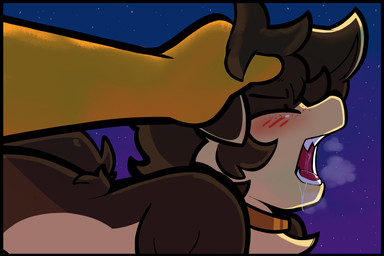 ambiguous_gender anthro bodily_fluids breath brown_body brown_fur collar drooling duo floppy_ears from_behind_position fur gasp hair hair_grab looking_pleasured male male/male open_mouth orange_collar saliva sex slightly_chubby solo_focus teeth_showing touching_hair yellow_body heyomaerow mocha_(guppuccino) redd_(heyomaerow) bird_dog canid canine canis domestic_dog hunting_dog labrador mammal retriever 3:2 hi_res nonbinary_(lore)