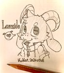 anthro blush clothed clothing curved_horn fur hair heart_symbol horn jacket long_ears looking_at_viewer male pencil_(object) smile solo text topwear kukat bolgogi bovid caprine goat mammal digital_media_(artwork) english_text graphite_(artwork) hi_res pencil_(artwork) sketch traditional_media_(artwork)