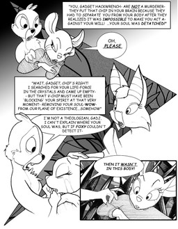 anthro bodily_fluids buckteeth chest_tuft chevron clothing crying dialogue disembodied_head facial_tuft female male pinch reassuring sweater tears teeth text topwear tuft turtleneck chris_fischer chip_'n_dale_rescue_rangers disney chip_(disney) foxglove_(cdrr) gadget_hackwrench bat chipmunk ground_squirrel mammal mouse murid murine rodent sciurid comic english_text hi_res monochrome